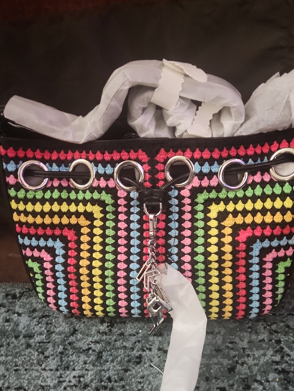 Karl Lagerfeld Black Multicolor Crochet Tote with Charm With Dust Bag